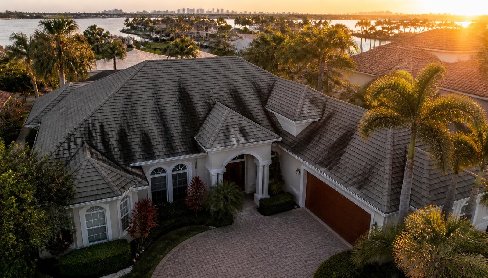 Aerial view of a Florida luxury home with dark algae streaks running down the asphalt shingle roof