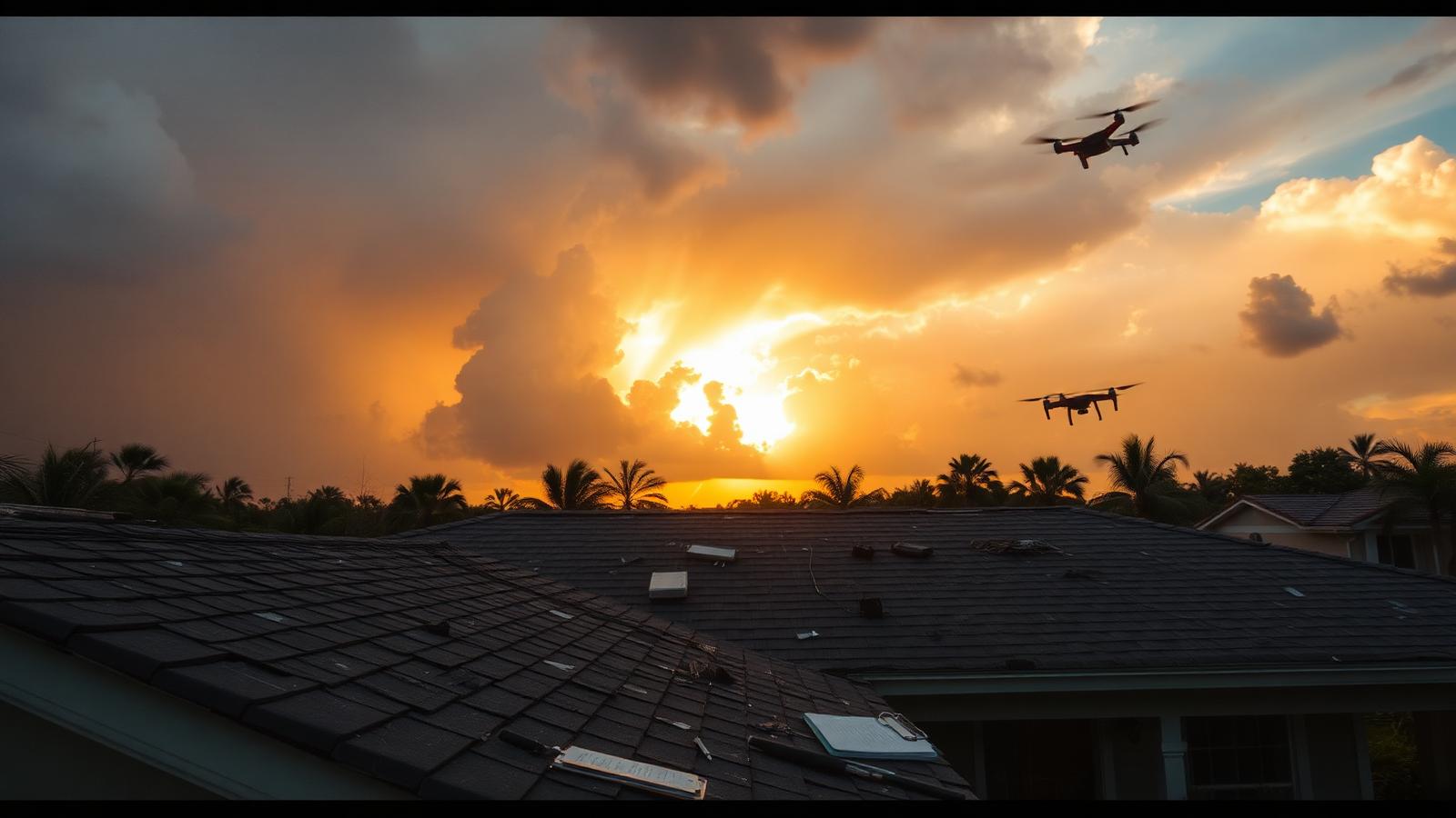 Storm-damaged Florida shingle roof photographed by drone at sunset after a hurricane