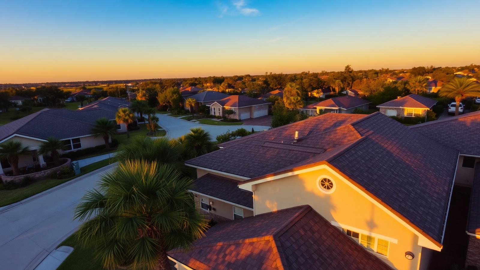 Aerial view of a Tampa neighborhood with a newly installed shingle roof at sunset