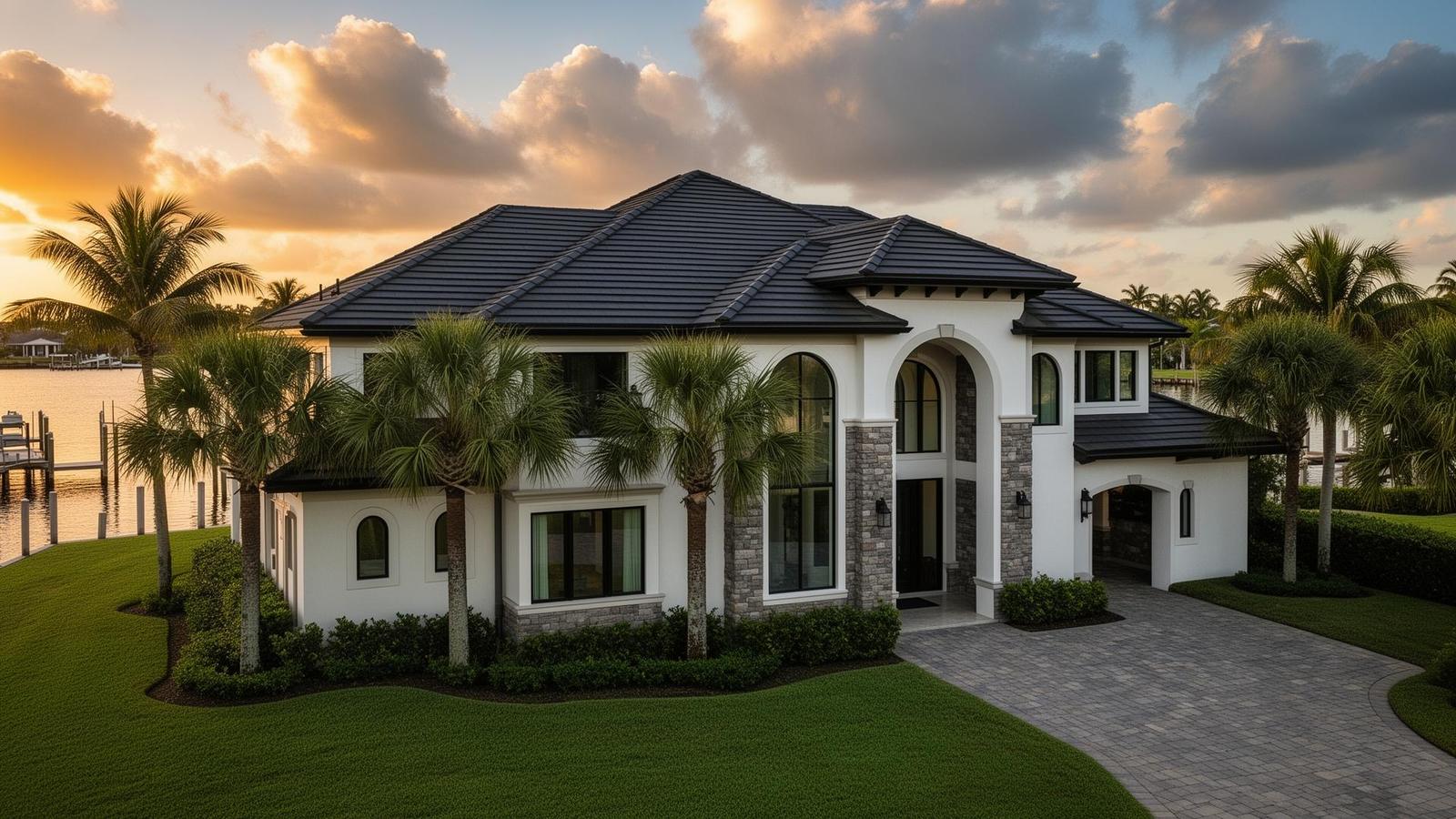 Two-story Florida waterfront home with a dark roof, palm trees and a dock at sunset