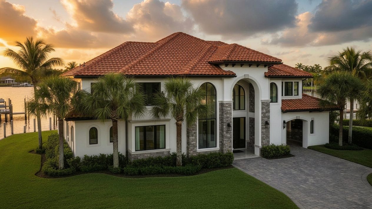 Waterfront Tampa Bay home with a terracotta concrete tile roof, palm trees and a dock at sunset