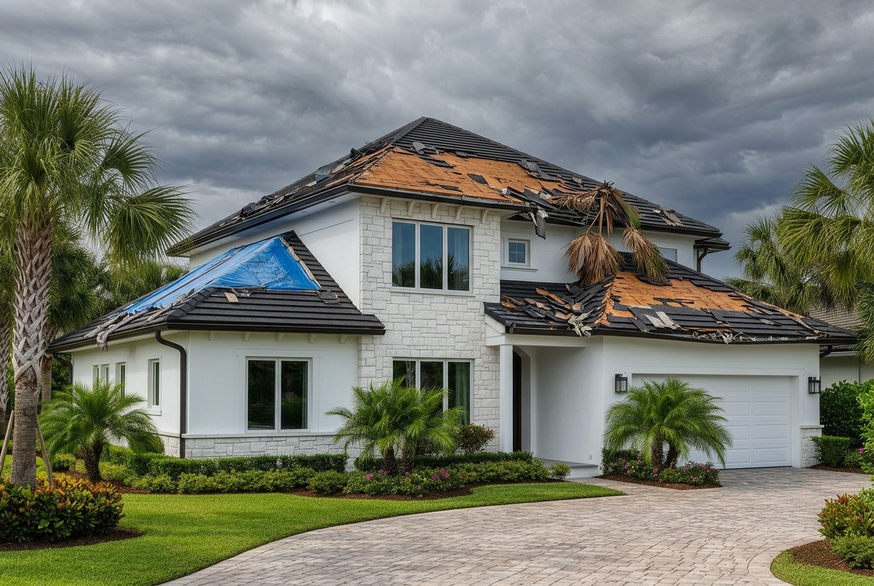 Same Florida home with severe hurricane storm damage on the roof