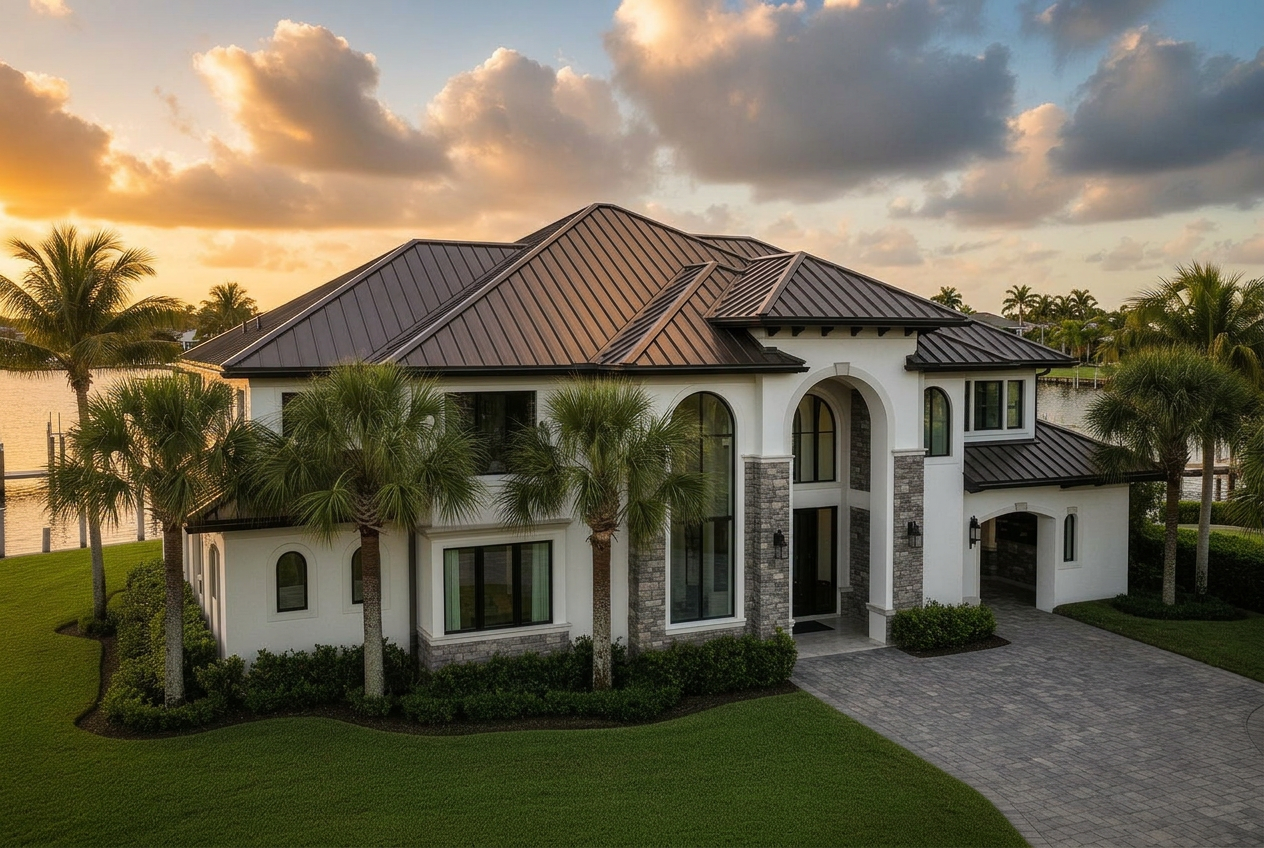 Standing Seam Metal roof on luxury Florida waterfront mansion