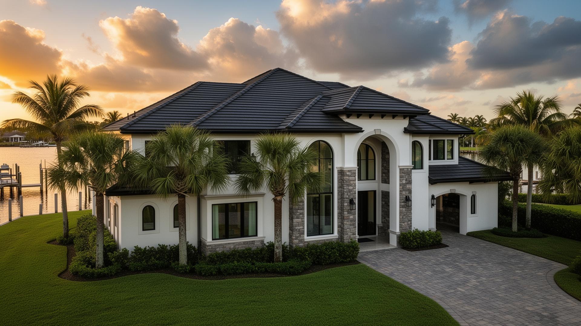 Asphalt Shingle roof on luxury Florida waterfront mansion