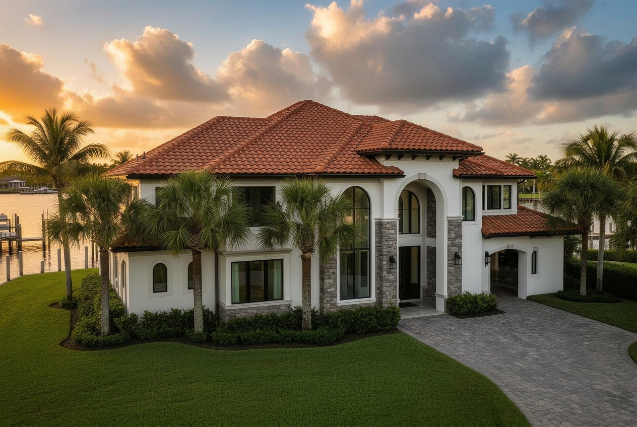 Concrete Tile roof on luxury Florida waterfront mansion